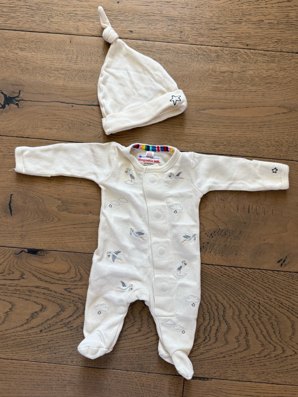 Magnetic Me Preemie Organic Cotton Stork Footie Sleeper + Hat Set